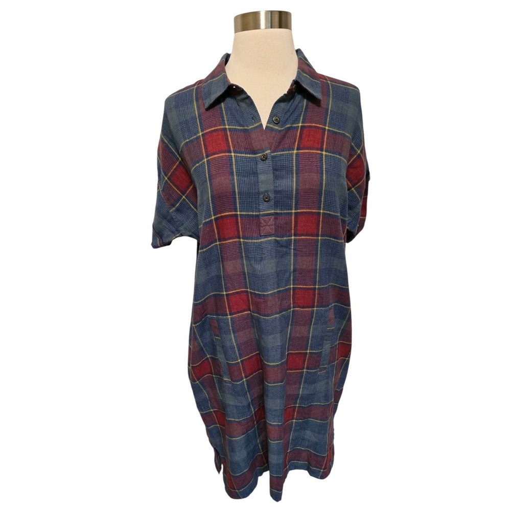 Toad & Co. Womens Heartland‎ Dress Size Medium Short Sleeve Plaid Blue Flannel